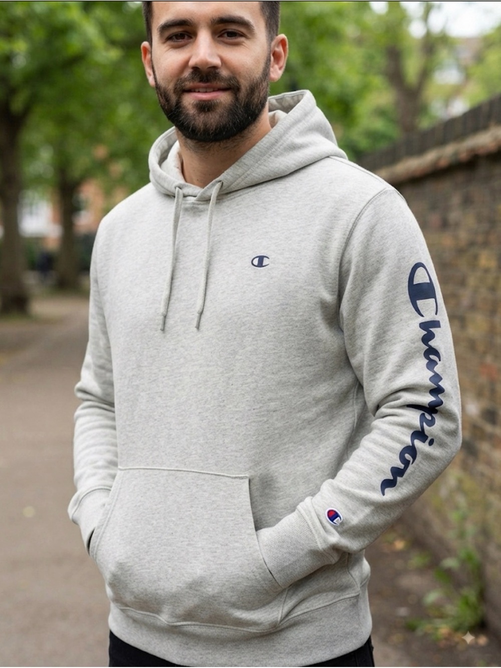 Champion Light Grey Hoodie with Navy Script Sleeve